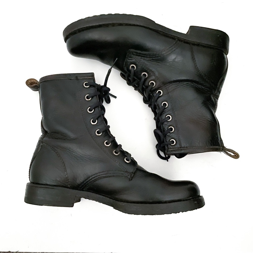 Frye Veronica Black Leather Lace Up Combat Boots - Picture 6 of 10